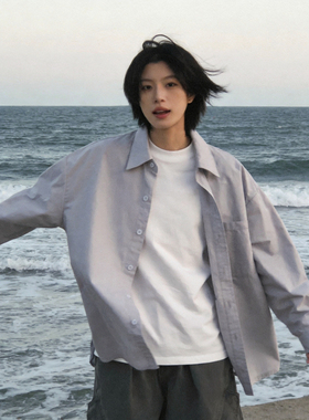 日系复古长袖衬衫男女少年感宽松休闲纯色设计感基础衬衣百搭外套