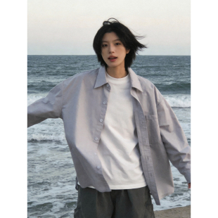 日系复古长袖 男女少年感宽松休闲纯色设计感基础衬衣百搭外套 衬衫