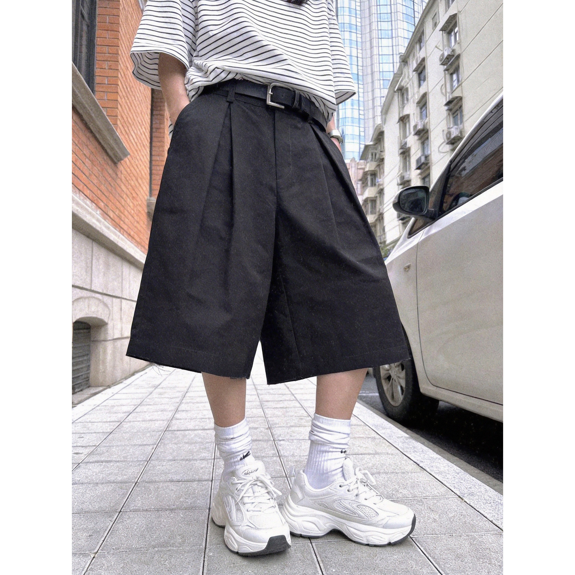 极简风黑色西装短裤夏季男女阔腿cleanfit百搭日系学院风五分裤子