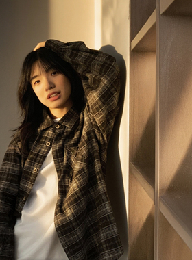 日系复古长袖格子衬衫vintage高街休闲格纹秋季美式宽松衬衣外套