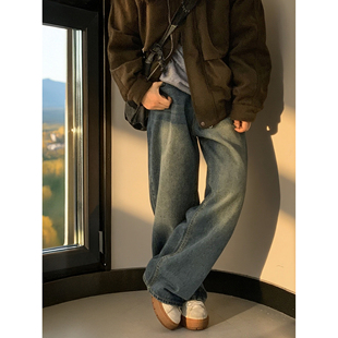 直筒长裤 美式 宽松痞帅休闲裤 男女秋冬新款 子潮 复古水洗做旧牛仔裤