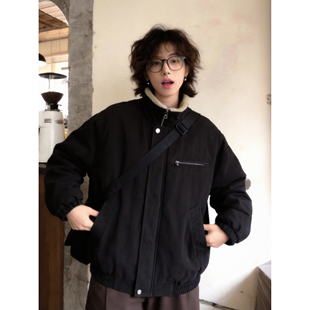日系cityboy立领加厚夹克少年感冬季黑色工装外套宽松落肩冬棉衣
