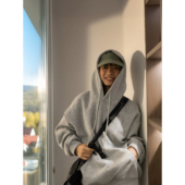 美式 复古灰色加绒连帽卫衣男女秋冬加厚宽松休闲百搭重磅上衣外套