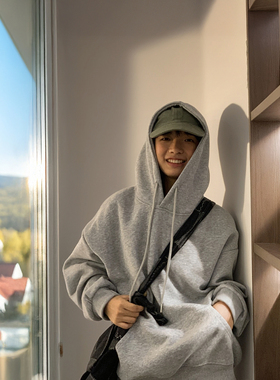 美式复古灰色加绒连帽卫衣男女秋冬加厚宽松休闲百搭重磅上衣外套