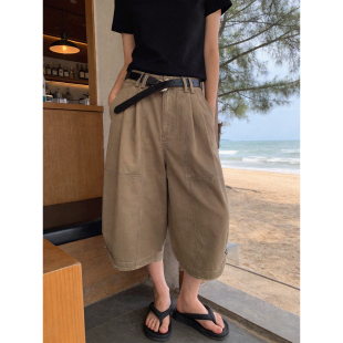 宽松休闲五分中裤 日系复古直筒百搭阔腿六分夏季 七分裤 卡其色工装