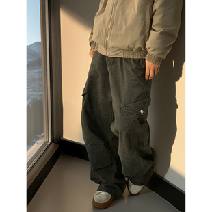 复古多口袋工装 阔腿裤 裤 宽松直筒百搭休闲长裤 子 男女秋冬新款 美式