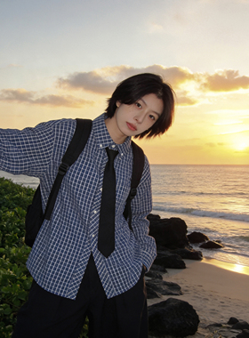 miu系长袖格子衬衫男女复古美式学院风宽松百搭学生通勤格纹衬衣