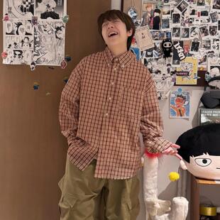 2025新款 格子长袖 衬衫 春季 潮牌休闲复古日常宽松百搭衬衣外套 美式