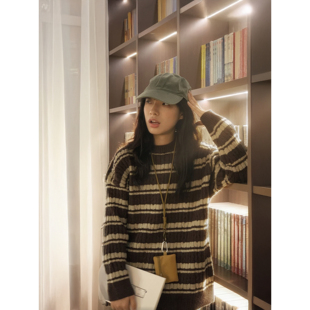 日系复古条纹毛衣男女宽松百搭秋冬休闲慵懒风ins打底撞色针织衫
