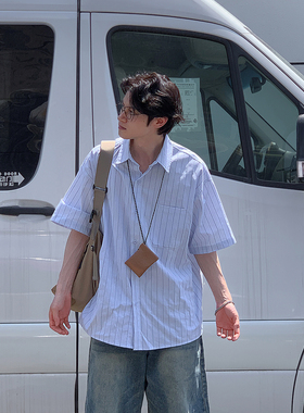 蓝色条纹短袖衬衫夏季boyish清新文艺风宽松百搭休闲美式复古衬衣