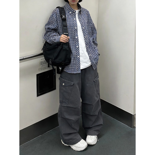 美式复古大口袋阔腿工装长裤
