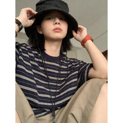 日系复古条纹短袖T恤夏季宽松百搭清爽少年感休闲ins半袖上衣服潮