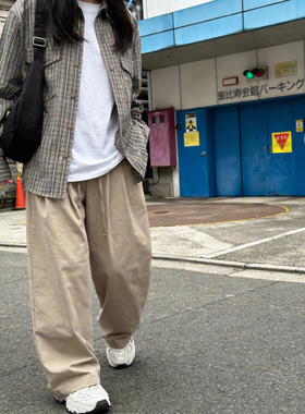 简约中性风阔腿裤男女宽松纯色垂感直筒四季基础卡其色休闲长裤潮