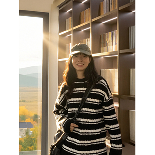 复古黑白条纹圆领针织毛衣男女秋冬上衣宽松内搭休闲慵懒风打底衫