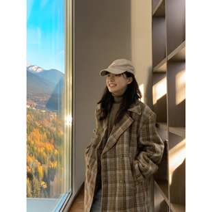 领冬季 宽松西装 加厚呢子外套潮 子毛呢大衣男女中长款 复古学院风格