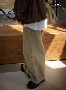 秋季卡其色休闲裤日系复古工装弯刀阔腿慵懒直筒男女高街长裤子潮