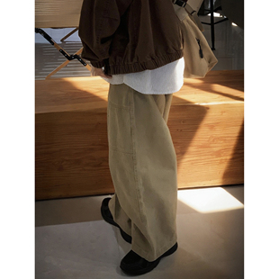 弯刀阔腿慵懒直筒男女高街长裤 日系复古工装 子潮 卡其色休闲裤 秋季