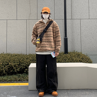 毛呢條紋半拉鏈套頭衛衣男女潮流寬松連帽衫 外套 潮牌秋冬新款 美式