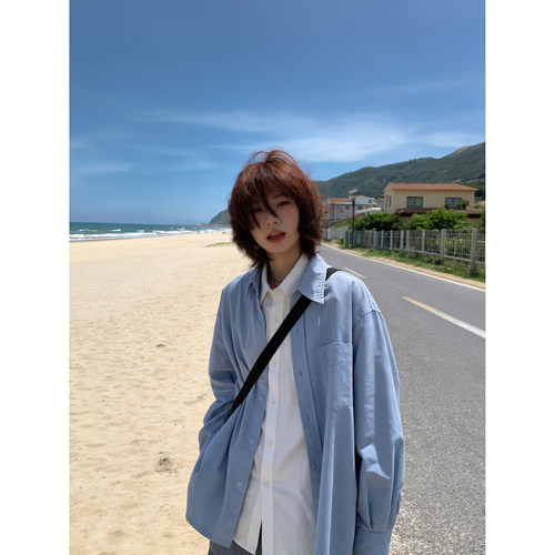 清爽蓝色男女长袖休闲衬衫