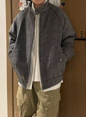 立领棉衣男女美式潮牌粗花呢开衫人字纹加厚夹棉夹克复古宽松外套