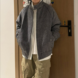 立领棉衣男女美式潮牌粗花呢开衫人字纹加厚夹棉夹克复古宽松外套