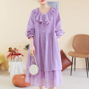 长袖 荷叶设计飘逸连衣裙大码 法式 胖妹妹2025秋季