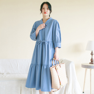 胖妹妹2025秋简约复古气质衬衫连衣裙大码纯棉文艺七分