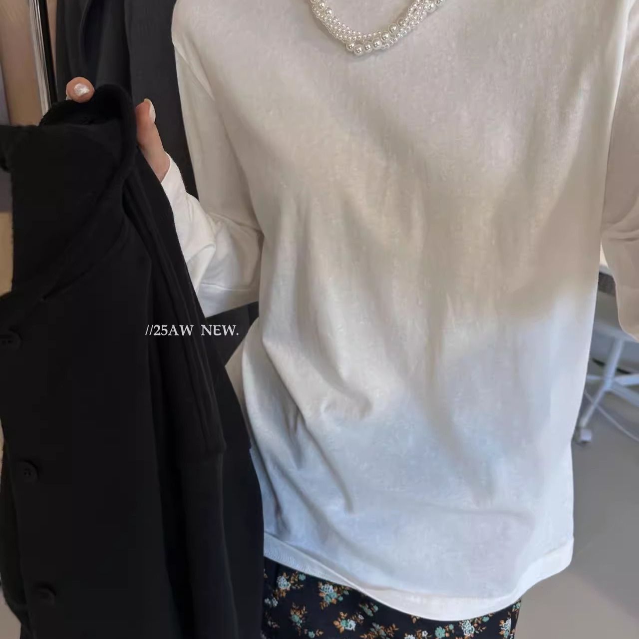 one12262白色长袖T恤女25秋冬简约百搭立领花边设计感上衣打底衫