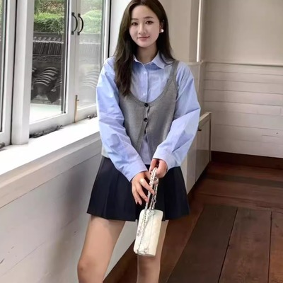 李允珍liyunzhen条纹衬衫两件套女秋针织马甲背心套装小个子8199