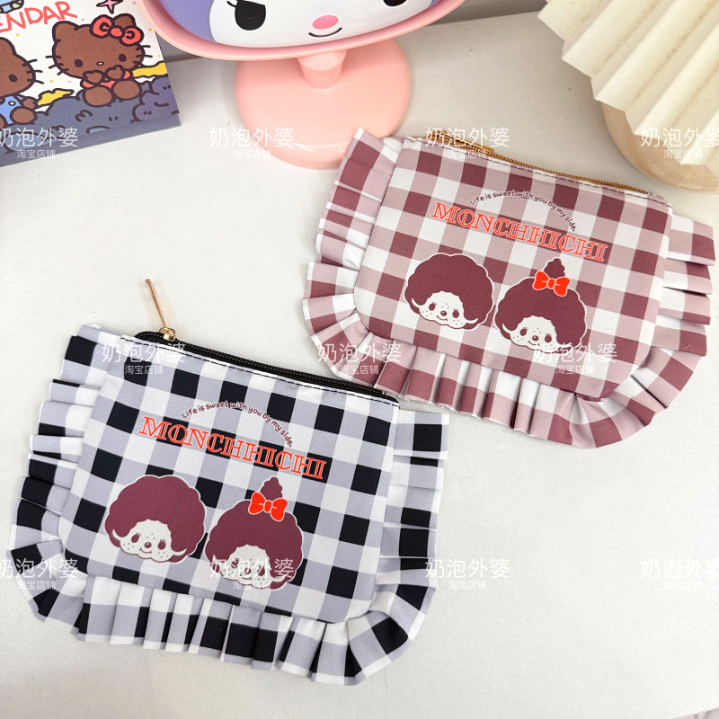 日韩甜美蒙奇奇格子化妆包时尚少女心荷叶花边收纳袋杂物手拿包潮,箱包皮具/热销女包/男包,手拿包,淘宝优惠券,粉丝福利购,淘宝优惠卷