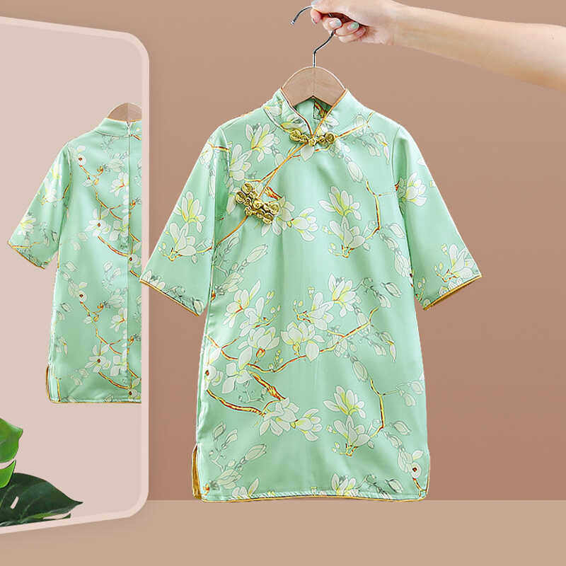 女童旗袍2024春秋新款中袖宝宝儿童连衣裙复古文艺中国风棉表演服