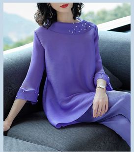 新款 褶皱两件套七分袖 女士套装 三宅大码 欧洲站潮牌新 大码 2018秋季