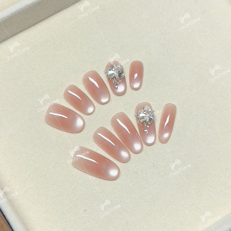 【晚萤】玻璃珠裸色日常中长款穿戴甲显白简约款美甲可重复使用