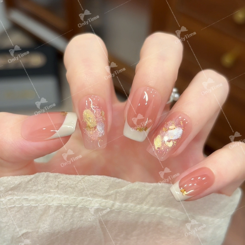 【粉雾碎金】裸色奶白法式鎏金碎亮片金箔点缀高级穿戴甲显白美甲