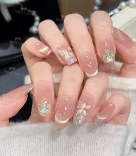 W【花语蝶】显白纯手工裸色带钻中长穿戴甲日常款百搭