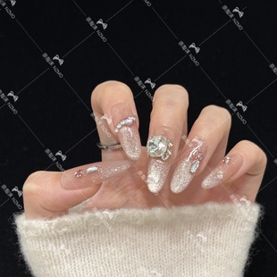 手工穿戴甲 高级冰透粉猫眼爆闪显白长款 L111