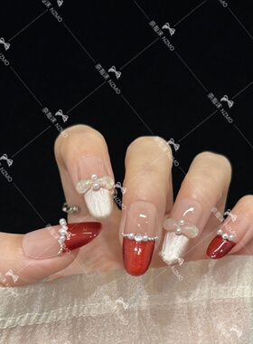 【L89】红色法式跳色拼搭手工中长款穿戴甲