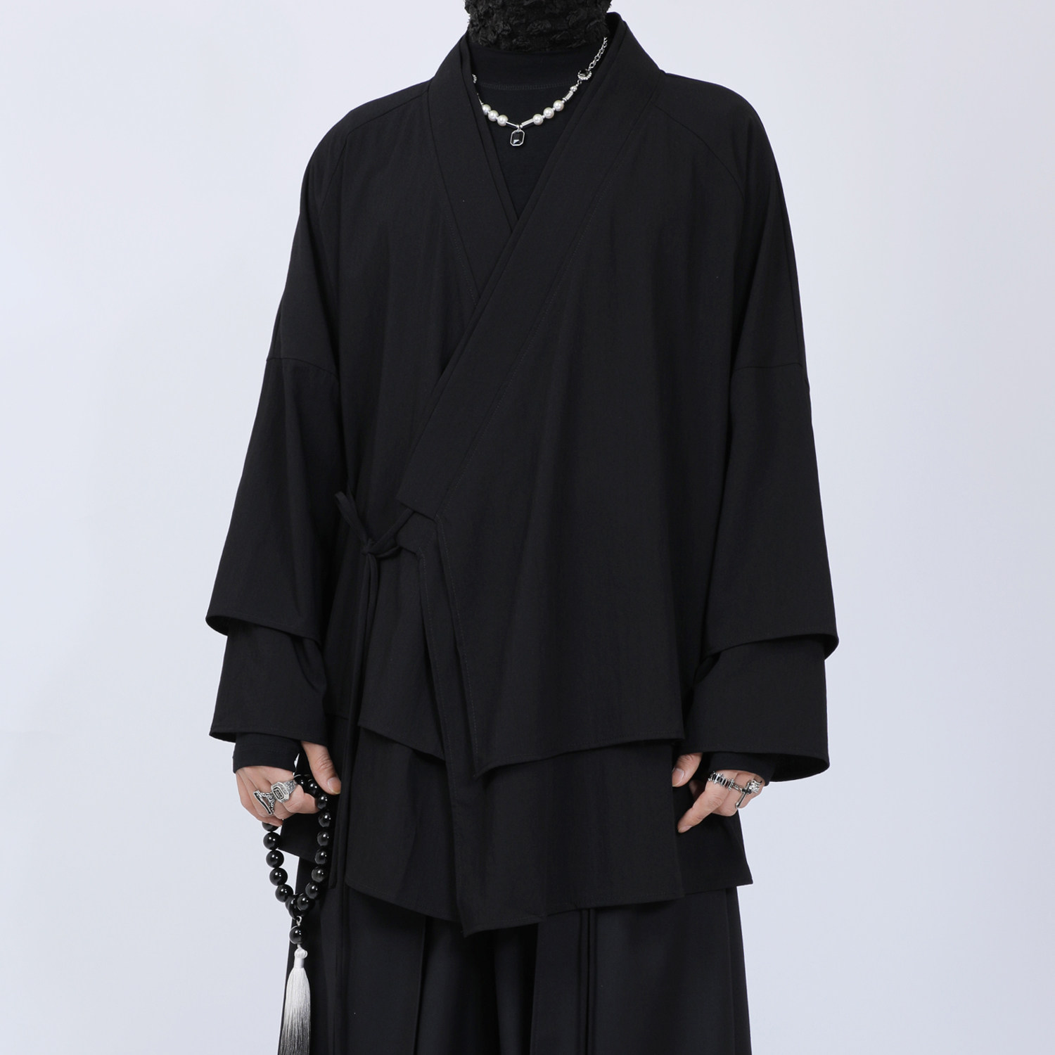 大码男装交领右衽汉服系带道袍春夏中式茶服开衫双层领中长款外套
