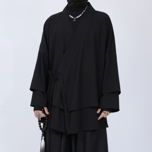 大码男装交领右衽汉服系带道袍春夏中式茶服开衫双层领中长款外套