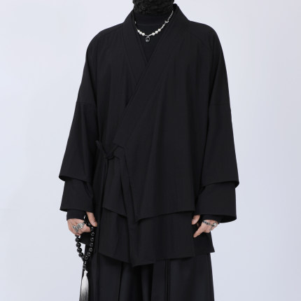大码男装交领右衽汉服系带道袍春夏中式茶服开衫双层领中长款外套