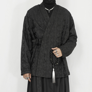 道袍立领长袖 汉服男禅意新中式 提花暗纹系带宽松衬衣 新款 2025春季