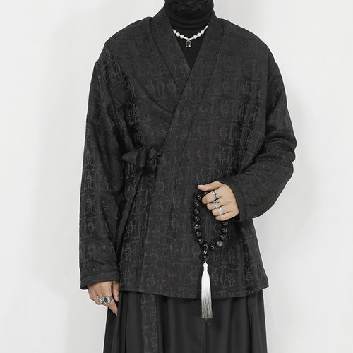 2025春季新款汉服男禅意新中式道袍立领长袖提花暗纹系带宽松衬衣