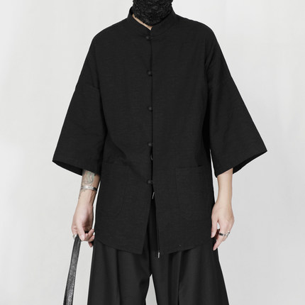 汉服男装中式亚麻衬衫男国风宽松立领七分袖衬衫棉麻休闲茶服禅意