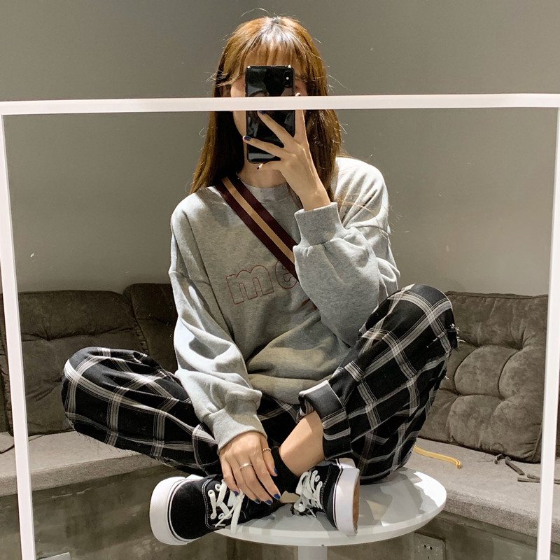 Real price plaid pants elastic waist straight pants