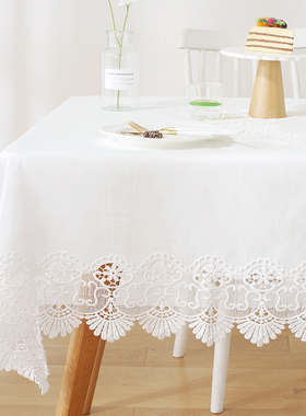 唯米9918简约百搭白色麻棉蕾丝长方形餐桌布茶几电视柜小圆桌台布