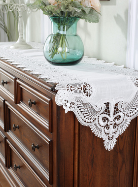 唯米9918简约百搭白色麻棉蕾丝桌布茶几布电视柜斗柜长条桌旗盖巾