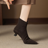 磨砂翻皮尖头中跟切尔西靴女2026秋冬新款 细跟瘦瘦靴春秋单靴短靴