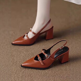 软皮法式 绝美气质包头凉拖鞋 尖头粗跟高跟凉鞋 新款 2026年夏季 时尚