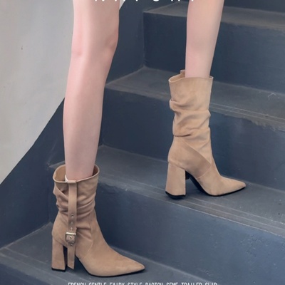 软皮版！复古高跟堆堆靴