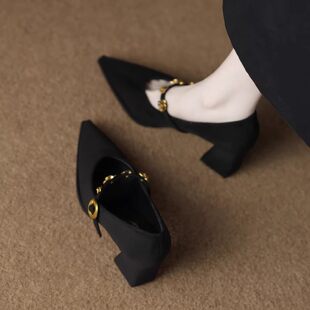 春秋玛丽珍粗跟单鞋 女2026新款 尖头气质高级不累脚高跟鞋 轻奢法式